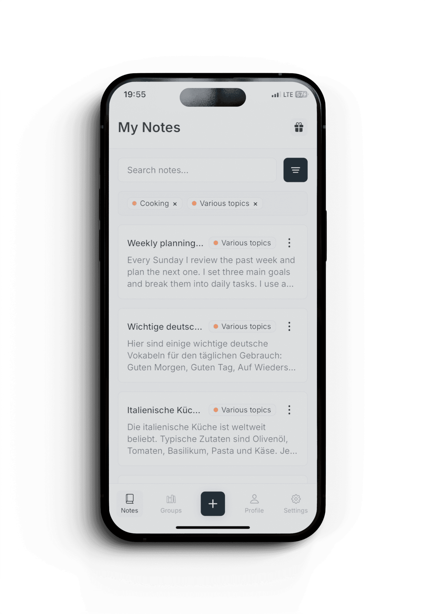Pocket Orbit app screen with organized notes