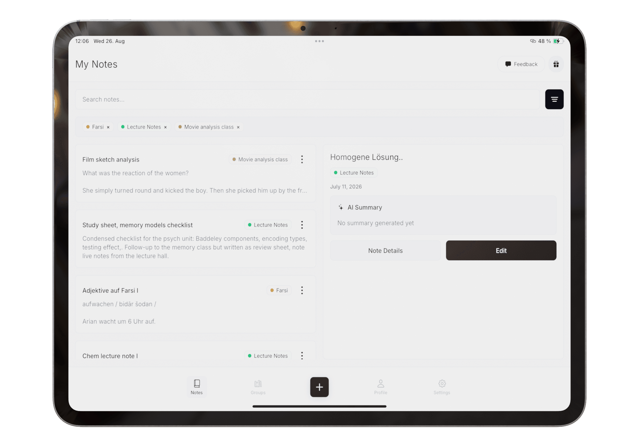 Pocket Orbit notes library with search, group filters, and note details