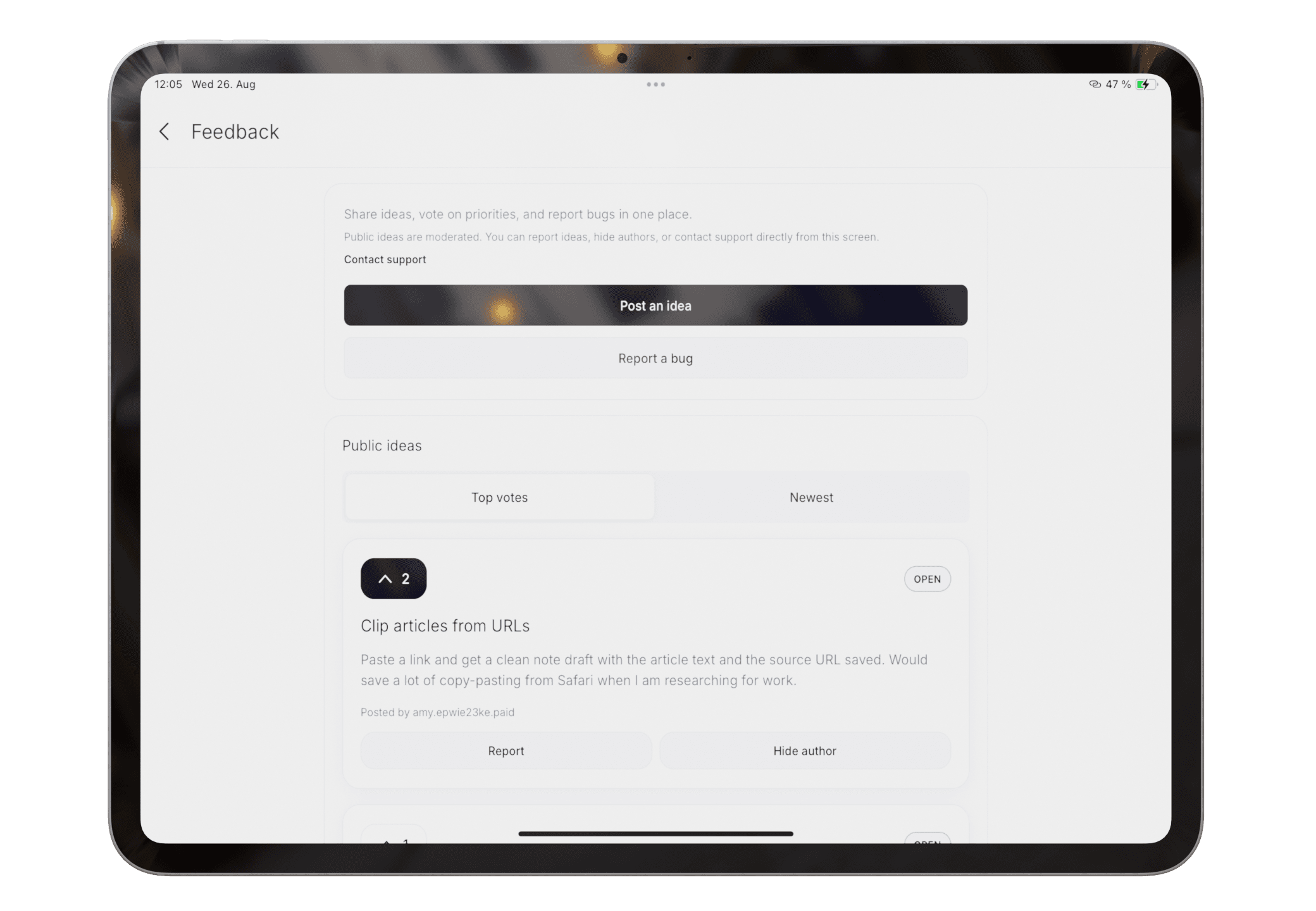 Pocket Orbit feedback board with ideas, voting, and bug reporting