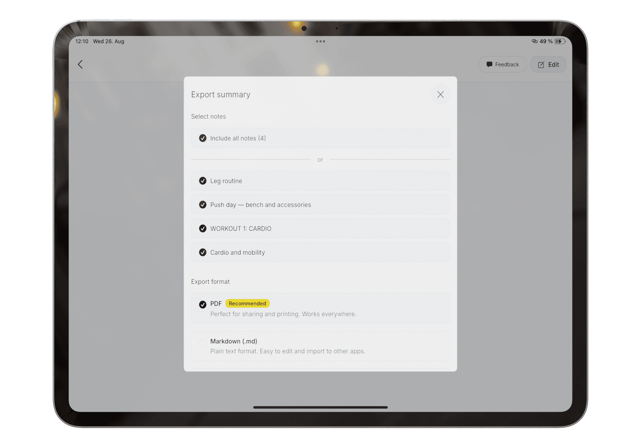 Pocket Orbit export dialog for selected notes