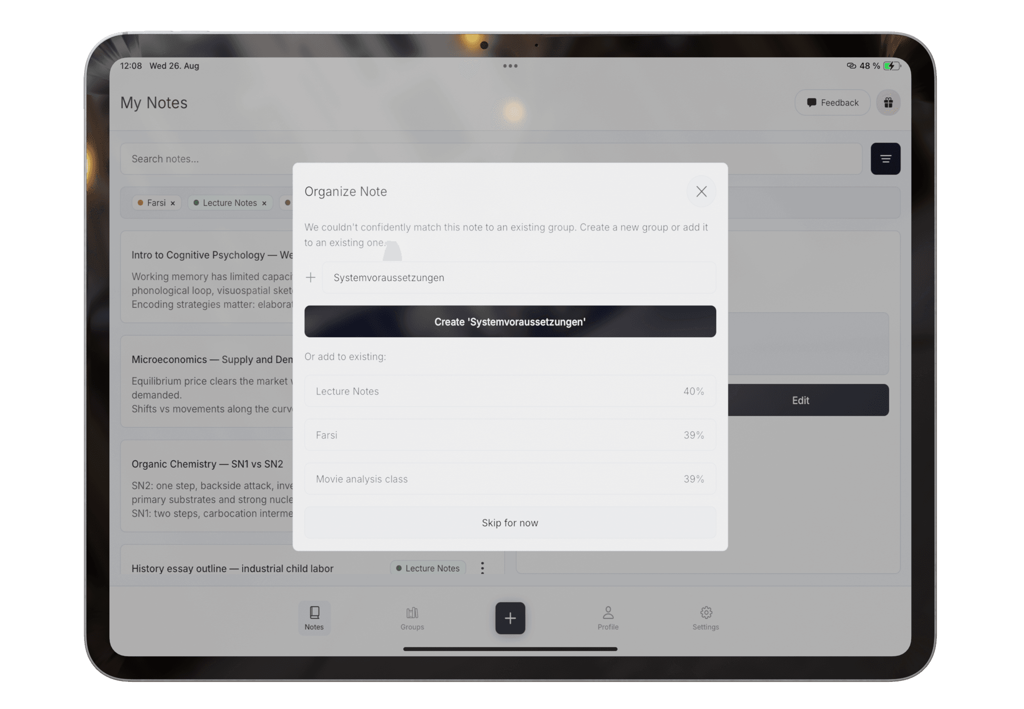 Pocket Orbit group review dialog with suggested groups
