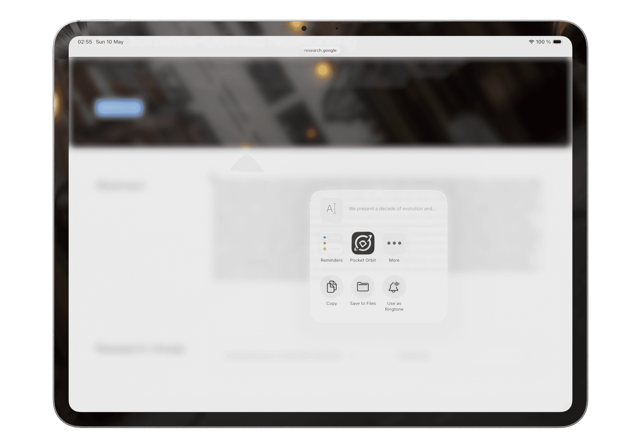 Safari share sheet with Pocket Orbit selected