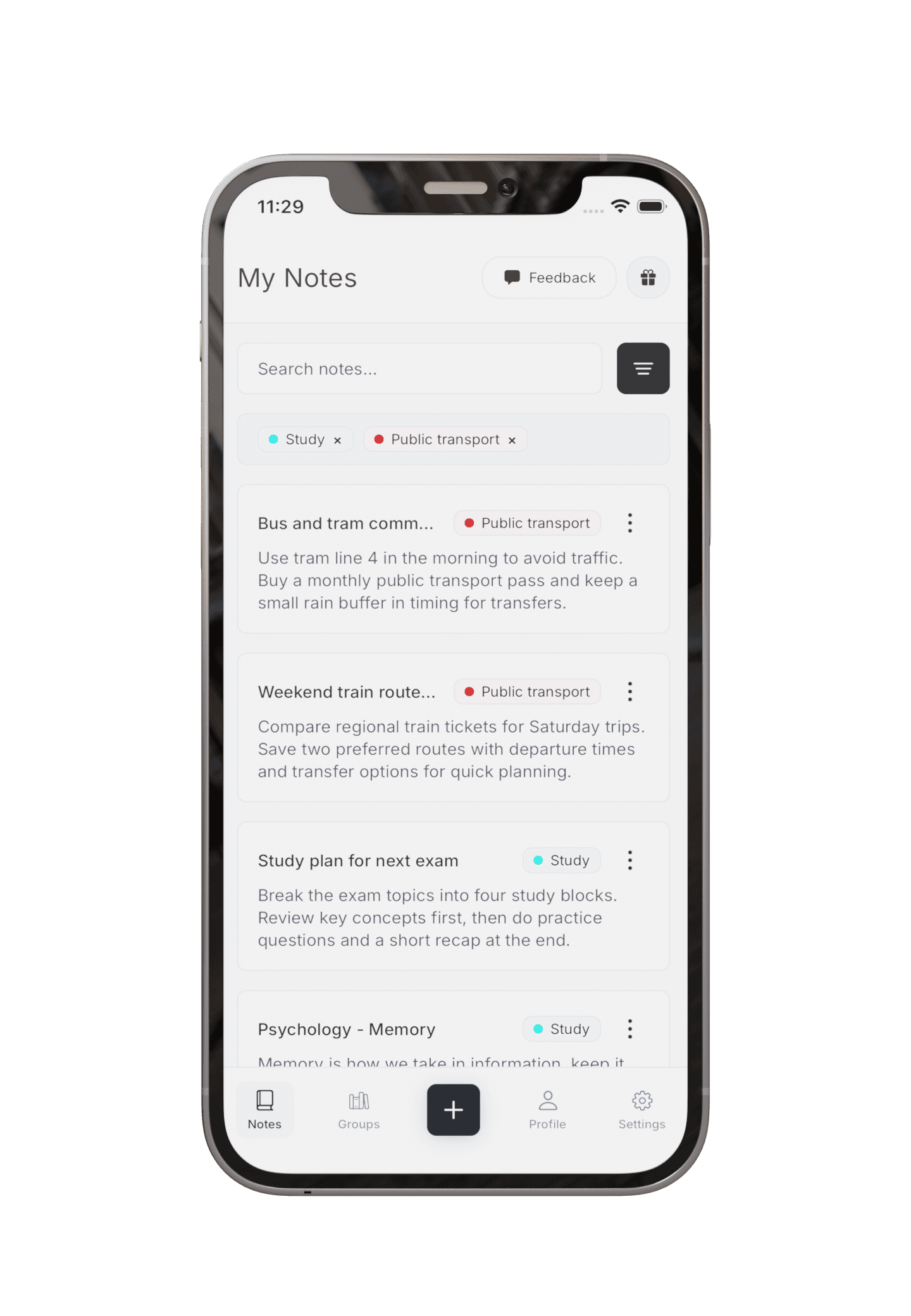 Pocket Orbit app screen with organized notes
